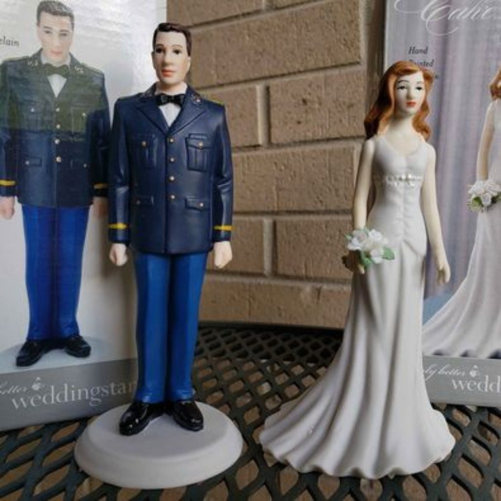 NIB Porcelain Wedding Cake Topper Bride Military Army Groom Figurines